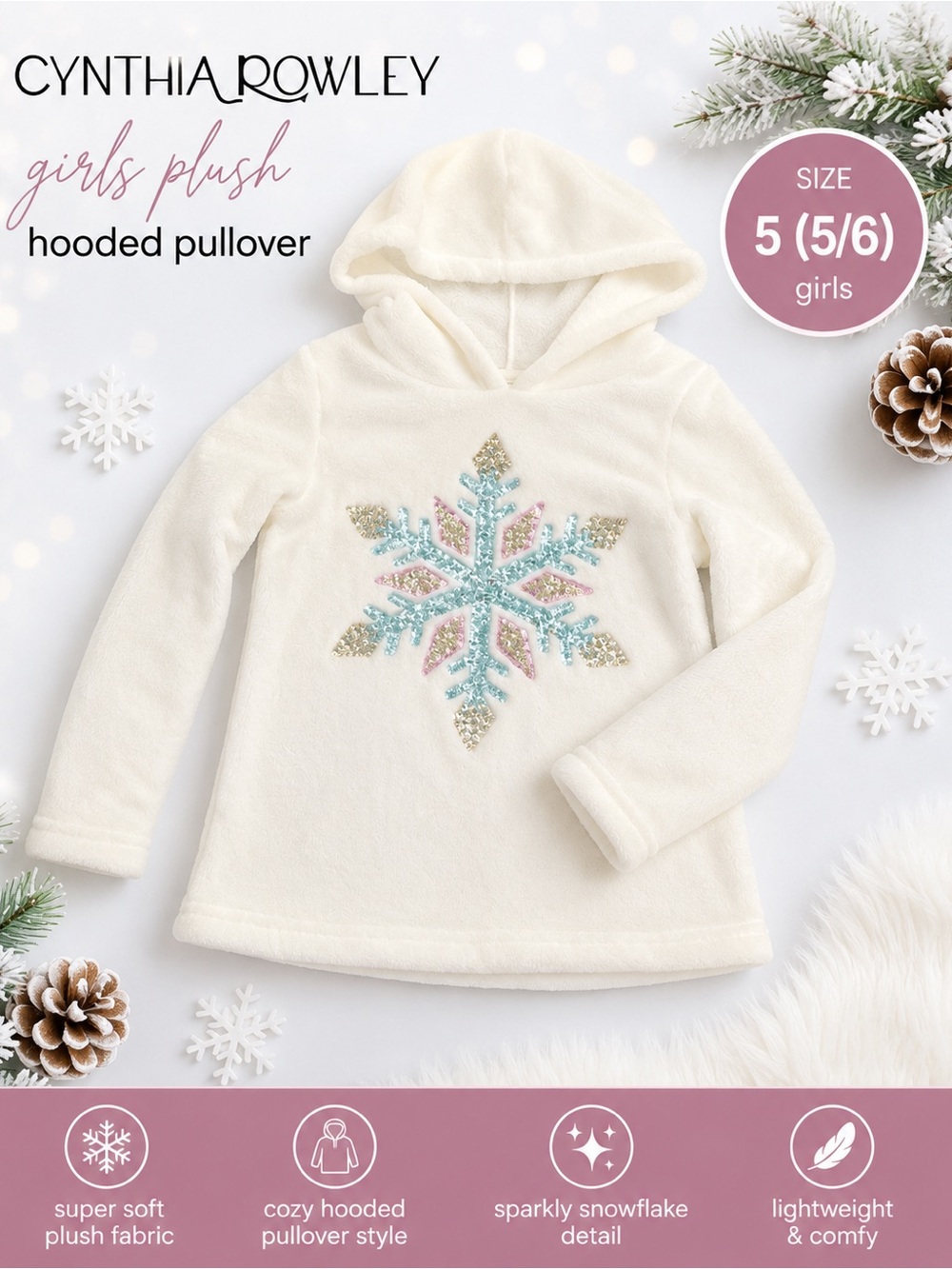 Cynthia Rowley Cream Plush Hooded Pullover with Sparkly Snowflake